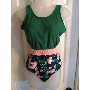 Pat Pat Swimsuit 1 Pc. Cut Out Tie Back Green Floral Sz M